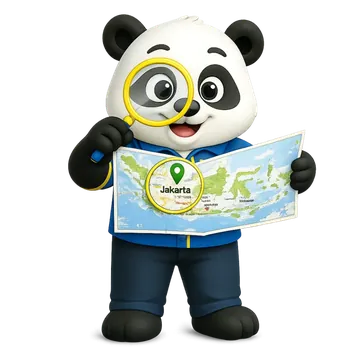 Maskot Pandai Gadai memegang peta Indonesia