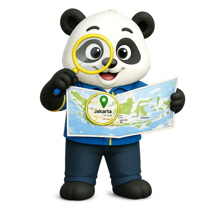 Maskot Pandai Gadai memegang peta Indonesia